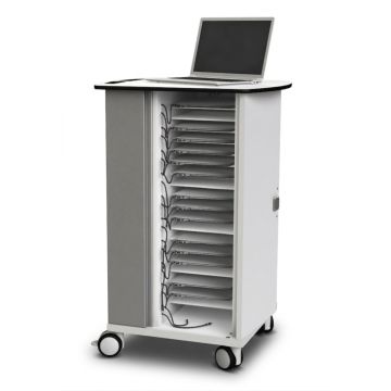 Seitenansicht des Zioxi onView2 Chromebook-Ladewagens mit offenen Fächern für 20 Chromebooks und einem Laptop auf der Oberseite.