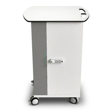 Vorderansicht des Zioxi onView2 Chromebook USB-C-Ladewagens mit digitalem Codeschloss und Ladeanzeigen.