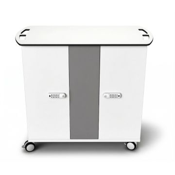 Vorderansicht des Zioxi Chromebook-Ladewagens mit digitalem Codeschloss und Rädern für Mobilität.