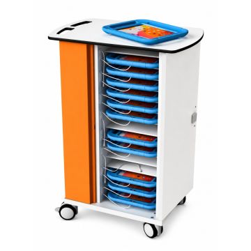 Seitenansicht des Zioxi onView2 iPad-Ladewagens mit offenen Fächern und iPads in kindgerechten Hüllen.