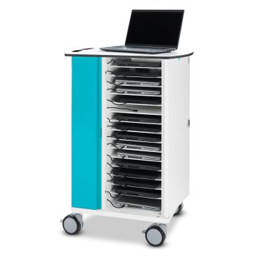 Seitenansicht des Zioxi onView2 Laptop-Ladewagens mit offenen Fächern für 16 Laptops und einem Laptop auf der Oberseite.