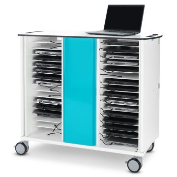 Seitenansicht des Zioxi Laptop-Ladewagens mit offenen Fächern für 32 Laptops und einem Laptop auf der Oberseite.