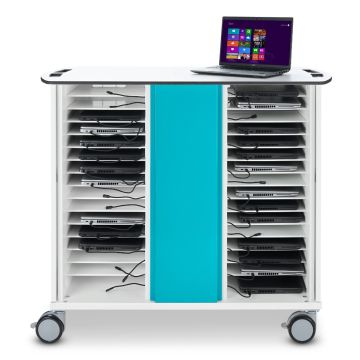 Seitenansicht des Zioxi Laptop-Ladewagens mit offenen Fächern für 32 Laptops und einem Laptop auf der Oberseite.