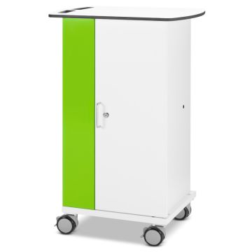 Seitenansicht des Zioxi-Ladewagens mit grüner Tür und Rädern, geeignet für 16 iPads bis 11 Zoll.