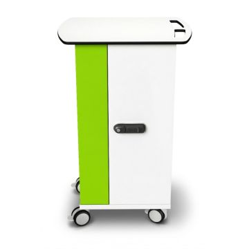 Seitenansicht des Zioxi iPad-Ladewagens mit grün-weißem Design und RFID-Schloss.