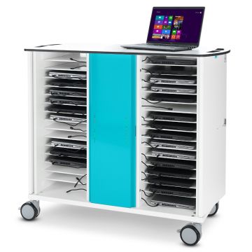 Seitenansicht des Zioxi onView2 Laptop-USB-C-Ladewagens mit offenen Fächern und einem Laptop auf der Oberseite.