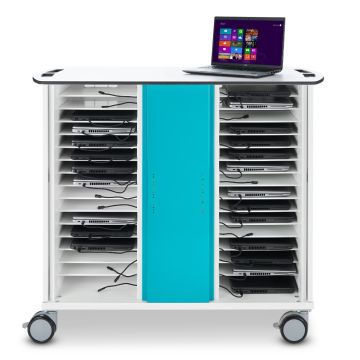 Seitenansicht des Zioxi-Laptop-USB-C-Ladewagens mit offenen Fächern und einem Laptop auf der Oberseite.