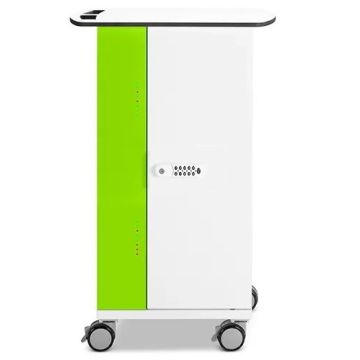 Seitenansicht des Zioxi onView2 iPad USB-C-Ladewagens mit grün-weißer Oberfläche und digitalem Codeschloss.