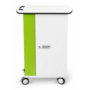 Seitenansicht des Zioxi MacBook NEO USB-C-Ladewagens mit digitalem Codeschloss und grünem Seitenteil.