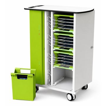 Offener Zioxi iPad USB-C-Ladewagen mit sichtbaren iPad-Fächern und Kabelmanagement, inklusive grünem Korb.