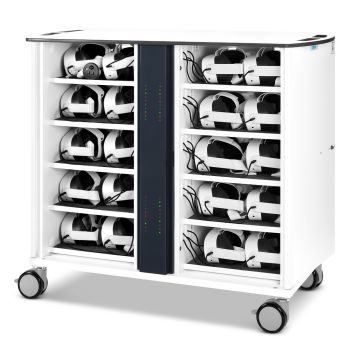 Offener Zioxi VR-Headset-Ladewagen mit 40 VR-Headsets, gut sichtbaren Ladefächern und Kabelmanagement.