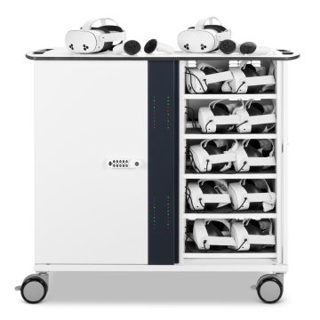 Vorderansicht des Zioxi onView2 VR-Headset-Ladewagens mit 40 VR-Headsets und digitalem Codeschloss.
