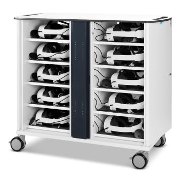 Seitenansicht des Zioxi onView2 VR-Headset-Ladewagens mit 40 VR-Headsets in Ablagefächern.