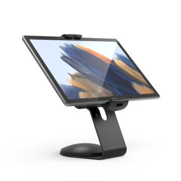 Seitenansicht des Compulocks Mast Apex Tischständers mit Microsoft Surface Pro 11 im Einsatz mit klarem Display.