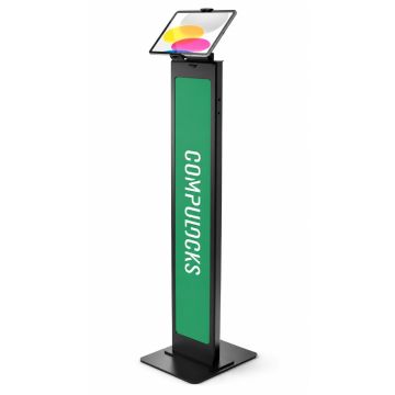 Seitenansicht des Compulocks BrandMe Cling-Bodenständers mit angebrachtem Tablet und grüner Seite mit Logo.