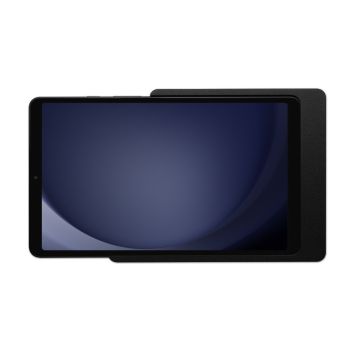 Detailansicht der Displine Companion Wall Home Wandhalterung für Samsung Galaxy Tab A9 in Schwarz, mit Tablet in Halterung.