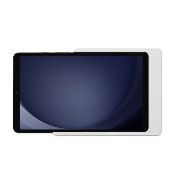 Detailansicht der Displine Companion Wall Home Wandhalterung für Samsung Galaxy Tab A9 in Weiß, mit Tablet in der Halterung.