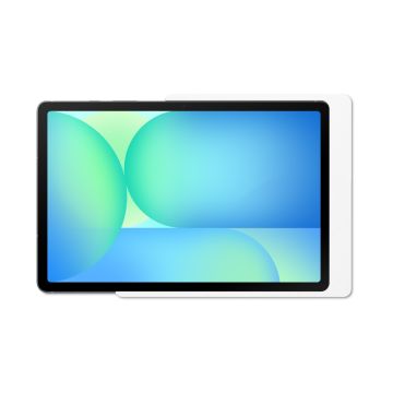 Detailansicht der Displine Companion Wall Home Wandhalterung für Samsung Galaxy Tab S10 FE in Weiß, mit Tablet im Einsatz.