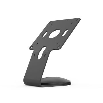 Seitenansicht des schwarzen Compulocks Core VESA-Tischhalters mit stabiler Basis und Befestigungslöchern.