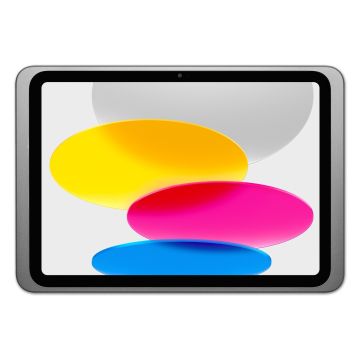 Vorderansicht der Wandhalterung Displine Dame Wall 2.0 aus Titan mit einem in der Halterung platzierten iPad 11 Zoll (2025) vor weißem Hintergrund.