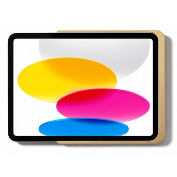 Detail des Wandhalters Displine Dame Wall Home 2.0 mit einem iPad 10,9 Zoll in Verwendung, mit goldenem Finish.