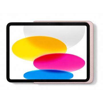 Detailaufnahme des Displine Dame Wall Home 2.0 Wandhalters in Roségold mit einem iPad 10,9 Zoll, mit buntem Hintergrund.