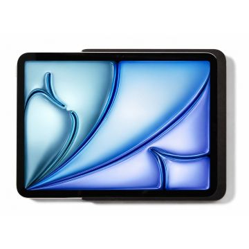 Seitenansicht des Displine Dame Wall Home 2.0 Wandhalters mit einem an der Wand montierten iPad Air 11 Zoll, schwarz.