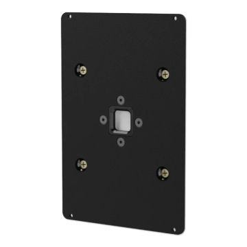 Rückansicht der schwarzen Dreheinheit für die Wandhalterungen Companion 2.0 und Dame 2.0 mit sichtbaren Befestigungsschrauben.