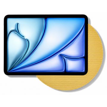Detailansicht der Displine Moonlight Wandhalterung in Gold mit darauf platziertem iPad Air 11 Zoll.