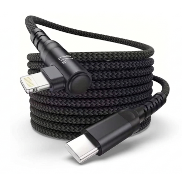 Detailansicht des Torvik USB-C-zu-rechtwinkligen Lightning-Steckers mit einem schwarzen geflochtenen Kabel.