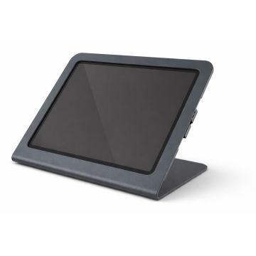 Seitenansicht des Heckler Design Windfall Tablet-Ständers für iPad Air, in schräger Position mit schlankem Design.