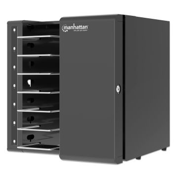 Seitenansicht des Manhattan USB-C Ladeschranks mit offenen Fächern für 7 Geräte.