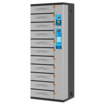Seitenansicht des Manhattan USB-C-Ladeschranks mit 11 Fächern und Informationsbildschirm.