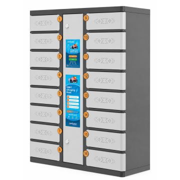Vorderansicht des Manhattan USB-C Smartphone-Ladeschranks mit 16 Fächern und LED-Anzeige.