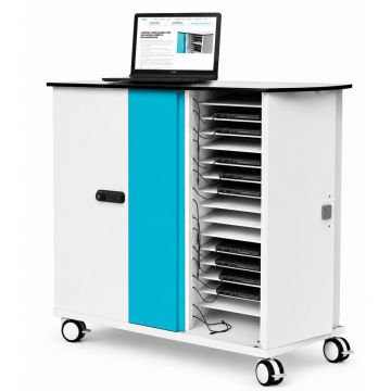 Seitenansicht des Zioxi-Netzwerk-USB-C-Laptop-Ladewagens mit offenen Fächern für 32 Laptops und sichtbaren USB-C-Kabeln.