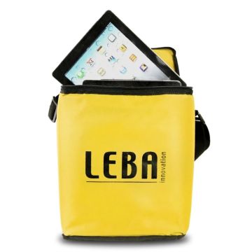 Offene LEBA NoteBag-Tasche mit sichtbarem Tablet auf der Oberseite, in leuchtendem Gelb.