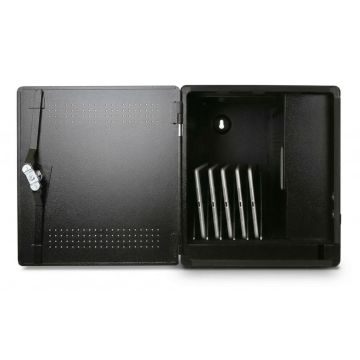 Offener LEBA NoteBox Flex 5 USB-C Ladeschrank mit fünf sichtbaren Geräten in den Ladefächern.