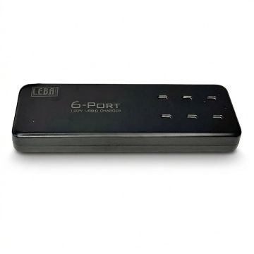 Draufsicht auf das LEBA 6-Port-USB-C-Ladegerät mit sichtbaren Anschlüssen und Markenlogo.