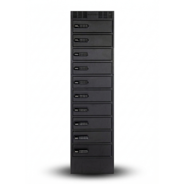 Vorderansicht des LEBA NoteLocker 10 Ladeschranks mit 10 Fächern und elektronischem Codeschloss.