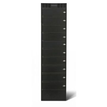 Vorderansicht des LEBA NoteLocker 10 Ladeschranks mit 10 geschlossenen Fächern und Vorhängeschlossvorbereitung.