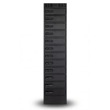 Vorderseite des LEBA NoteLocker 12 Ladespindes mit 12 Fächern und elektronischen Codeschlössern.