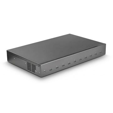 Rückansicht des Torvik OLH-10 USB-C-Ladehubs mit 10 Anschlüssen und Lüftungsgitter.