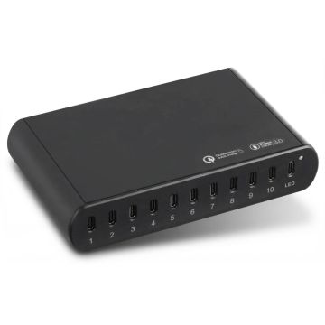 Seitenansicht des Torvik OLH-10 USB-C-Ladehubs mit 10 Anschlüssen und LED-Anzeige.