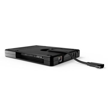 Rückansicht des Compulocks Plus Hub VESA Multi-Port Hub mit sichtbaren Anschlüssen und angeschlossenem Kabel.