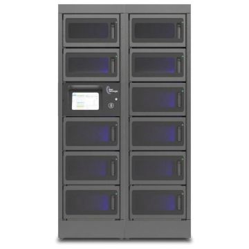 Vorderansicht des modularen Ladeschranks von Power Technologies mit 11 großen Fächern und Bedienfeld.
