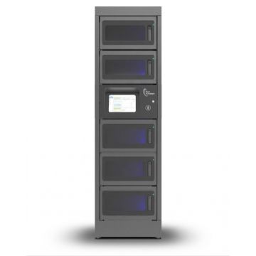 Vorderansicht des modularen Ladeschranks PT-PRO-5 von Power Technologies mit fünf großen Fächern und Kontrollbildschirm.
