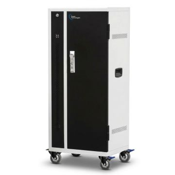Seitenansicht des Power Technologies PT-VERT-GLIDE-24 AC-Ladewagens mit geschlossener Tür und Rädern für Mobilität.