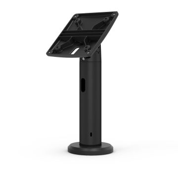 Seitenansicht des Compulocks Rise VESA-Tischhalters in Schwarz, mit stabiler Basis und einer verstellbaren Halterung für Tablets.