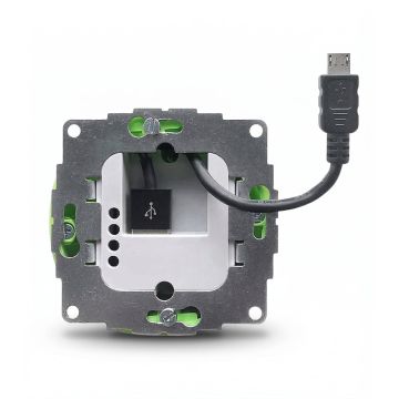 Rückansicht des sCharge USB-A-Einbaunetzteils mit sichtbarem Micro-USB-Kabel und Reset-Taste.