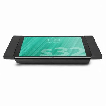 Draufsicht auf den Smart Things sDock Fix Tischständer für iPad 9, im schwarzen Design und mit einem iPad im Einsatz.